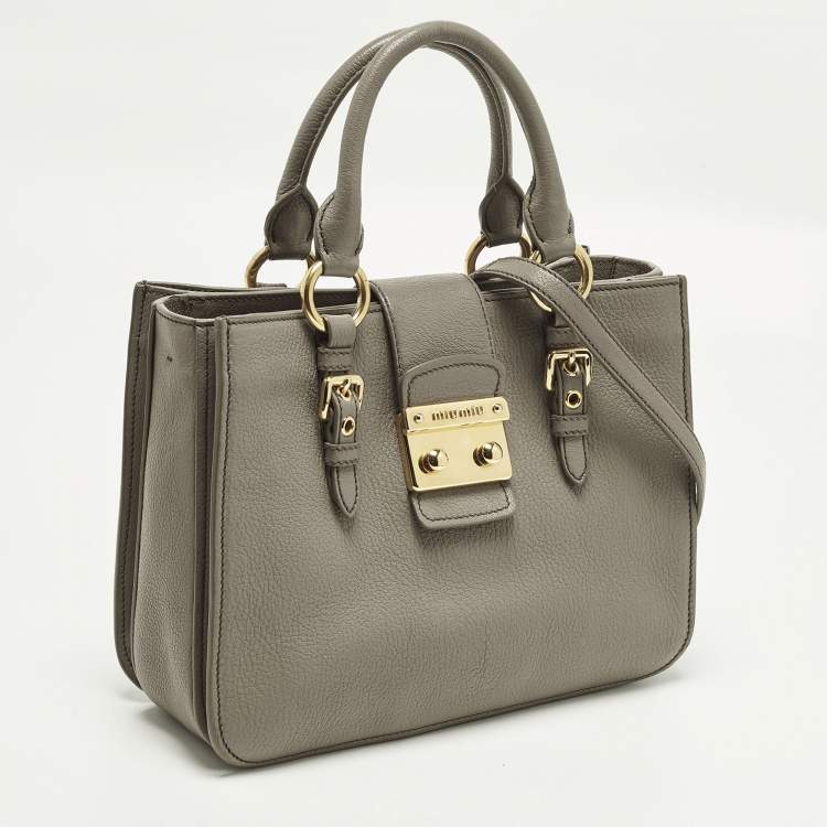 Pre Owned Miu Miu Pushlock Grey Madras Leather Tote