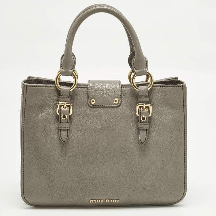 Pre Owned Miu Miu Pushlock Grey Madras Leather Tote