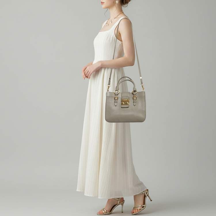 Pre Owned Miu Miu Pushlock Grey Madras Leather Tote