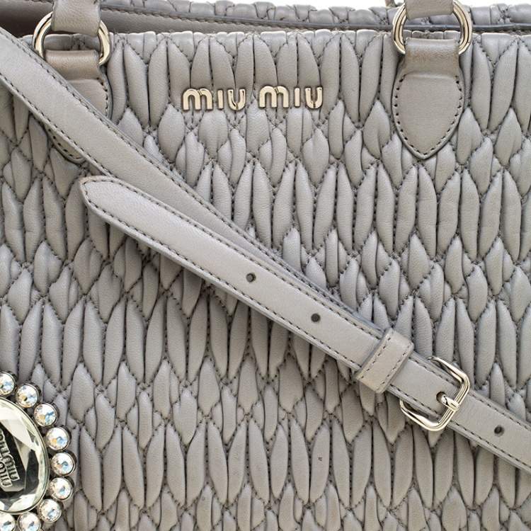 Pre Owned Miu Miu Grey Matelassé Nappa Leather Crystal Tote