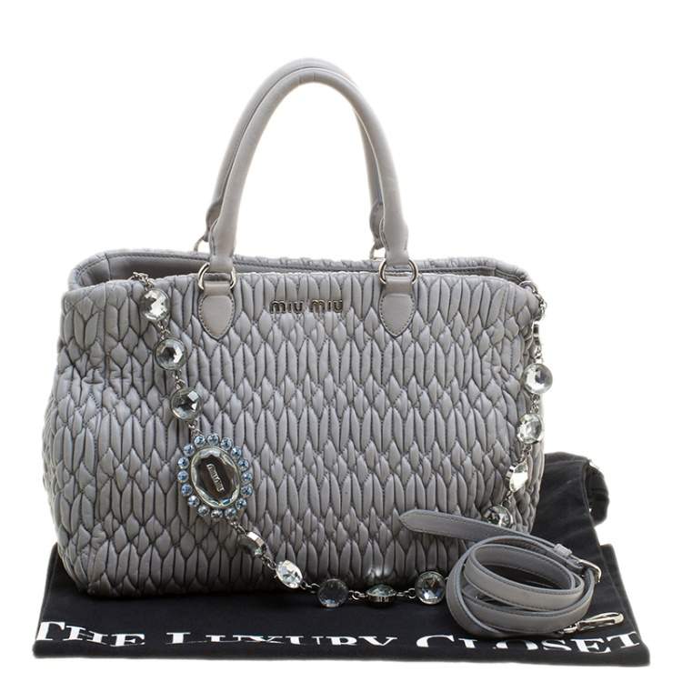 Pre Owned Miu Miu Grey Matelassé Nappa Leather Crystal Tote