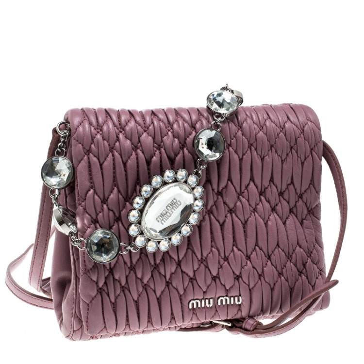 Pre Owned Miu Miu Bubble Gum Matelasse Leather Crystal Crossbody Bag
