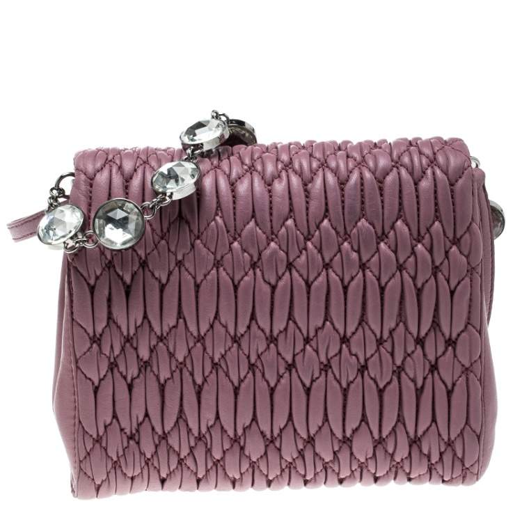 Pre Owned Miu Miu Bubble Gum Matelasse Leather Crystal Crossbody Bag