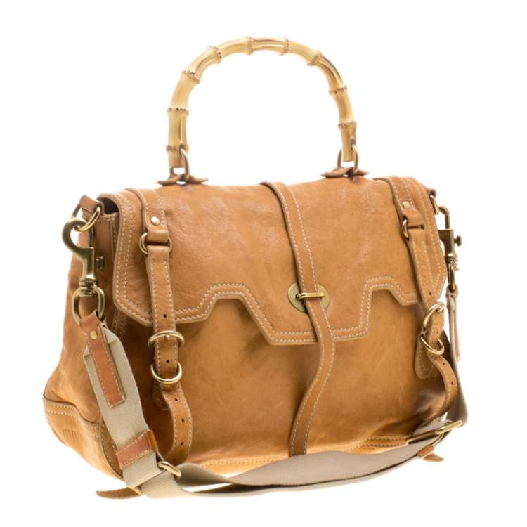 Miu Miu Camel Leather Bamboo Handle Satchel