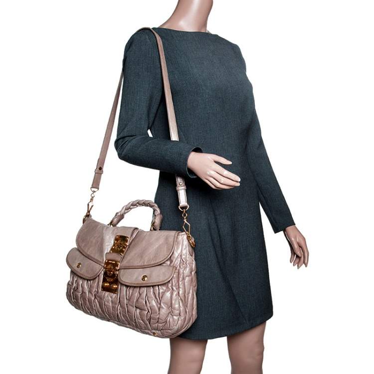 Pre Owned Miu Miu Beige Matelasse Lux Leather Coffer Hobo