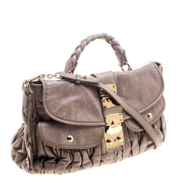 Pre Owned Miu Miu Beige Matelasse Lux Leather Coffer Hobo