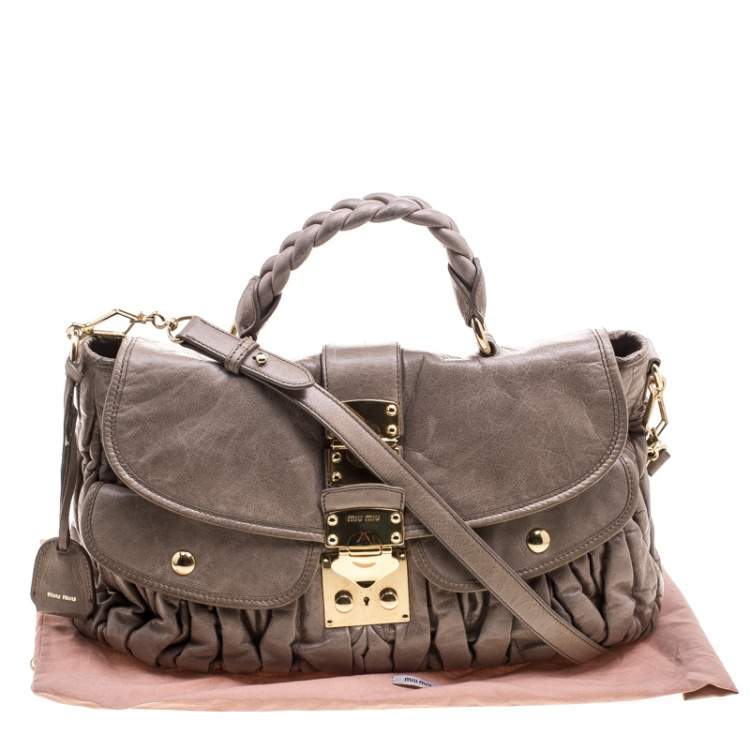Pre Owned Miu Miu Beige Matelasse Lux Leather Coffer Hobo