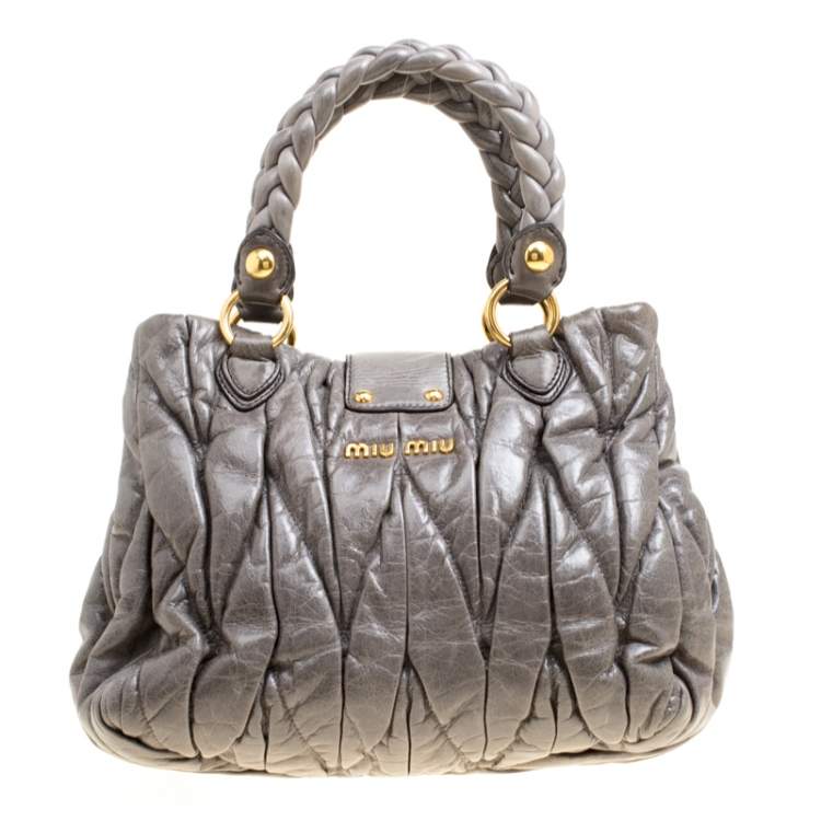 Pre Owned Miu Miu Grey Matelassé Leather Coffer Two Way Top Handle Bag