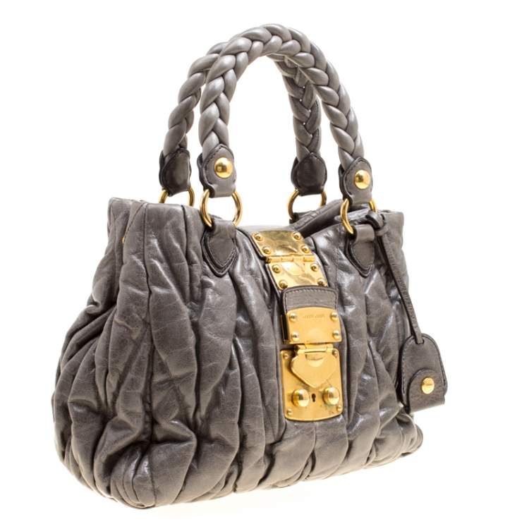 Pre Owned Miu Miu Grey Matelassé Leather Coffer Two Way Top Handle Bag
