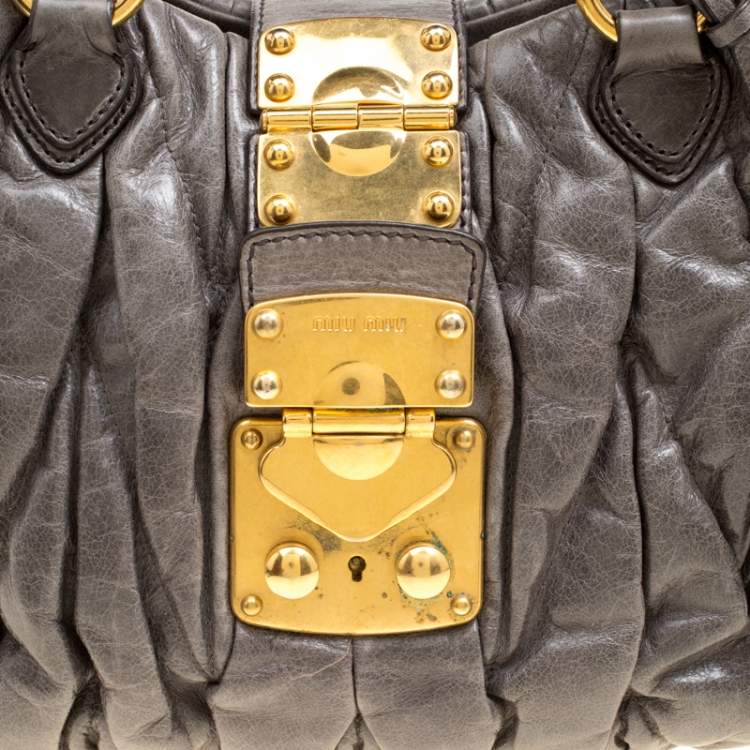 Pre Owned Miu Miu Grey Matelassé Leather Coffer Two Way Top Handle Bag
