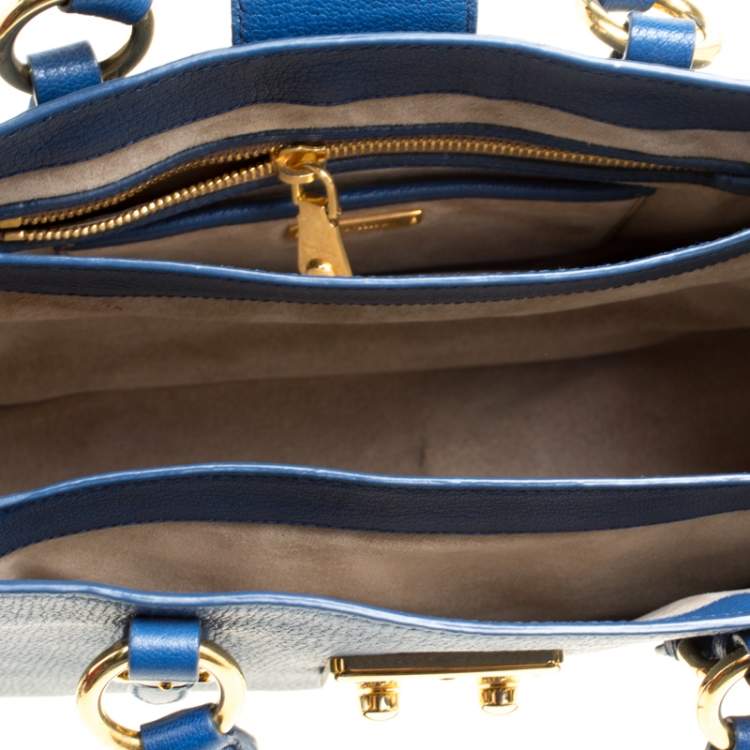 Pre Owned Miu Miu Blue Pebbled Leather Madras Top Handle Bag