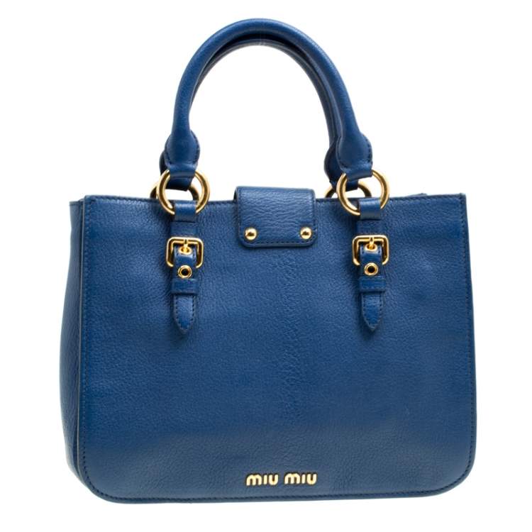 Pre Owned Miu Miu Blue Pebbled Leather Madras Top Handle Bag