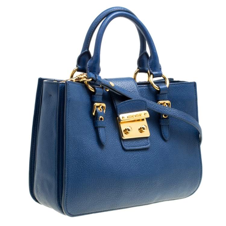Pre Owned Miu Miu Blue Pebbled Leather Madras Top Handle Bag