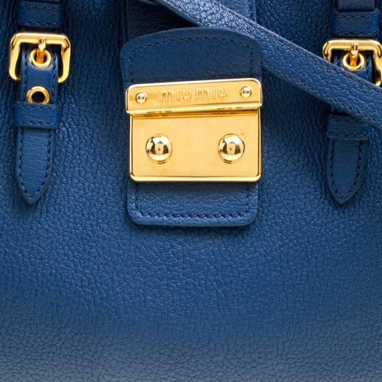 Pre Owned Miu Miu Blue Pebbled Leather Madras Top Handle Bag