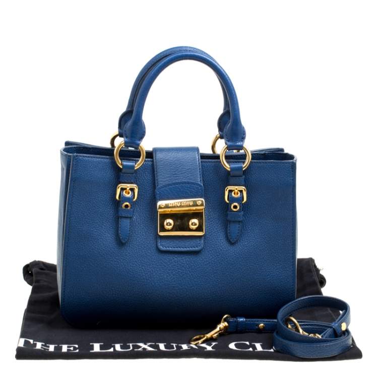Pre Owned Miu Miu Blue Pebbled Leather Madras Top Handle Bag