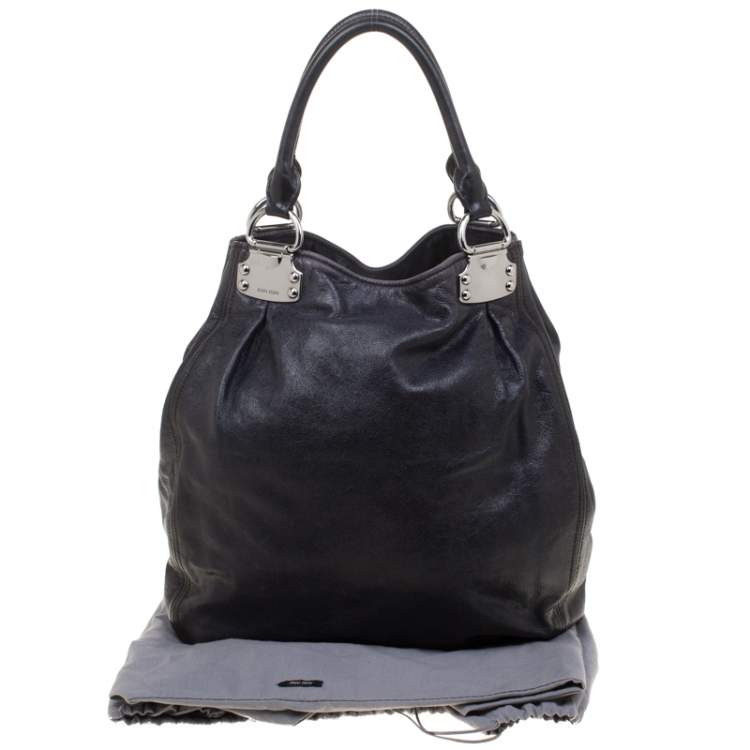 Pre Owned Miu Miu Black Glaze Nappa Leather Shopper Tote