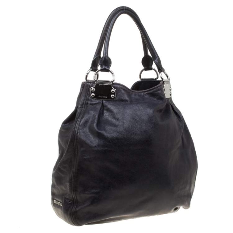 Pre Owned Miu Miu Black Glaze Nappa Leather Shopper Tote