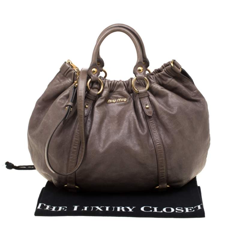 Pre Owned Miu Miu Taupe Vitello Lux Leather Gathered Hobo