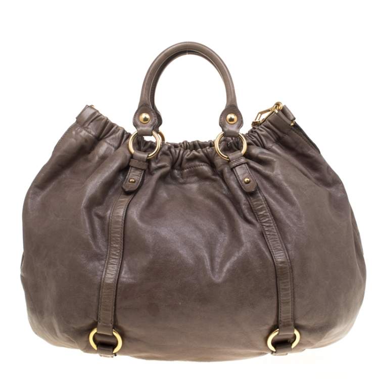 Pre Owned Miu Miu Taupe Vitello Lux Leather Gathered Hobo