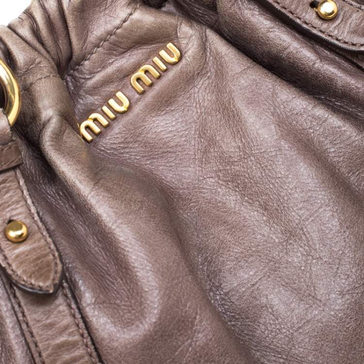 Pre Owned Miu Miu Taupe Vitello Lux Leather Gathered Hobo