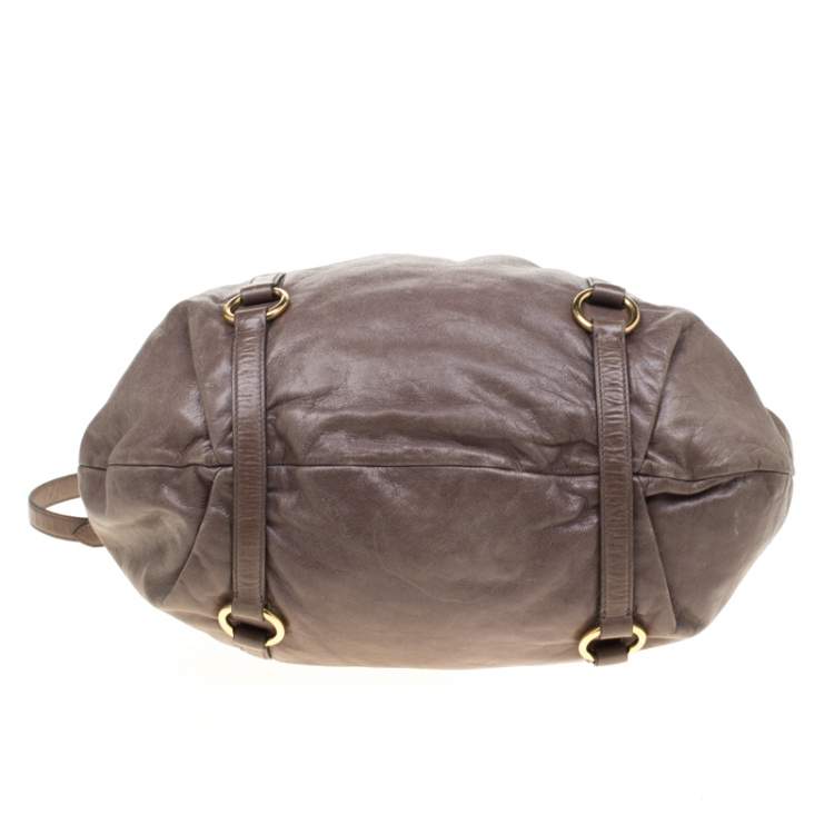 Pre Owned Miu Miu Taupe Vitello Lux Leather Gathered Hobo