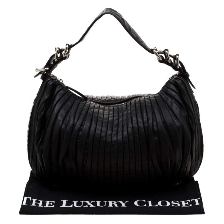 Pre Owned Miu Miu Black Leather Plisse  Hobo