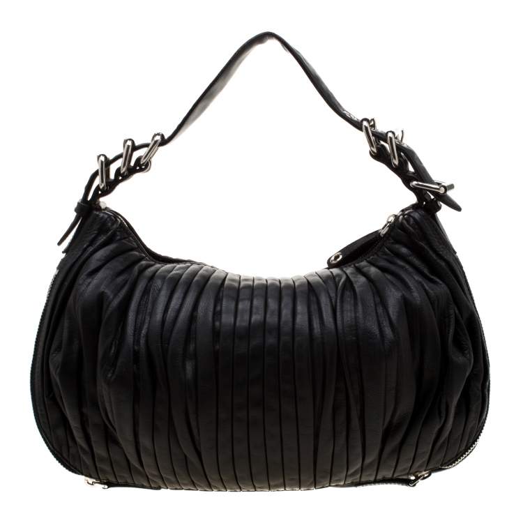 Pre Owned Miu Miu Black Leather Plisse  Hobo