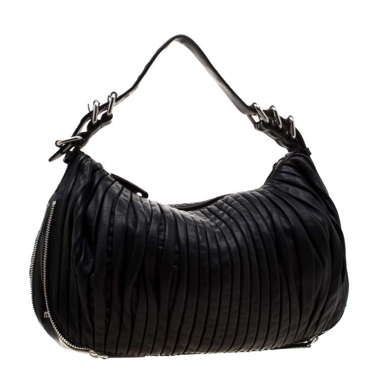 Pre Owned Miu Miu Black Leather Plisse  Hobo