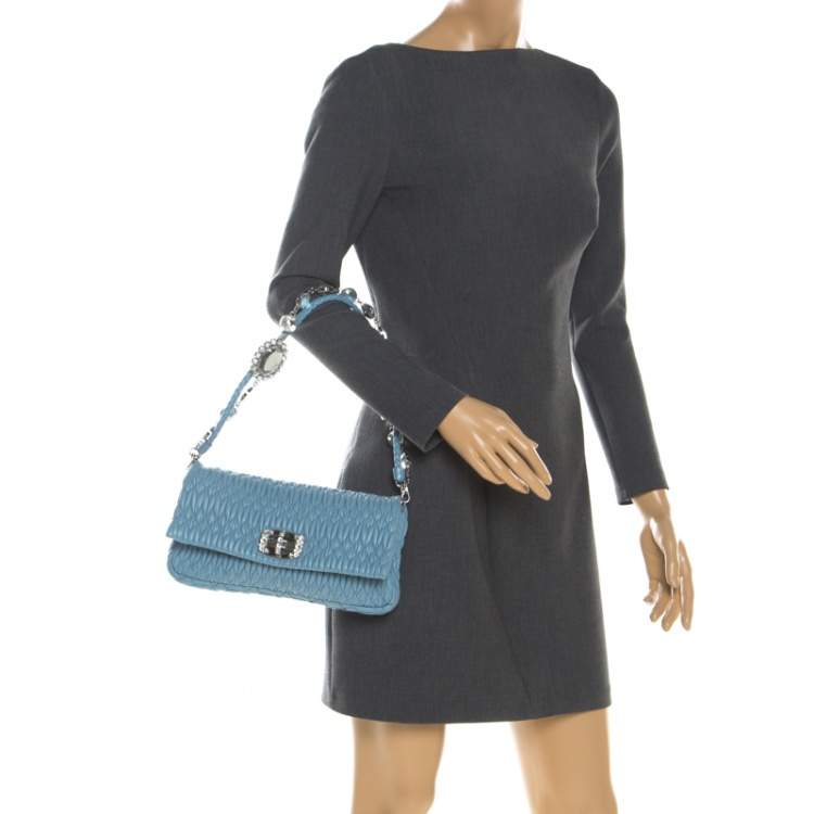 Miu Miu Light Blue Matelassé Leather Crystal Shoulder Bag