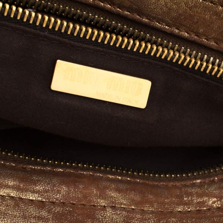 Pre Owned Miu Miu Gold Metallic Distressed Leather Shoulder Bag
