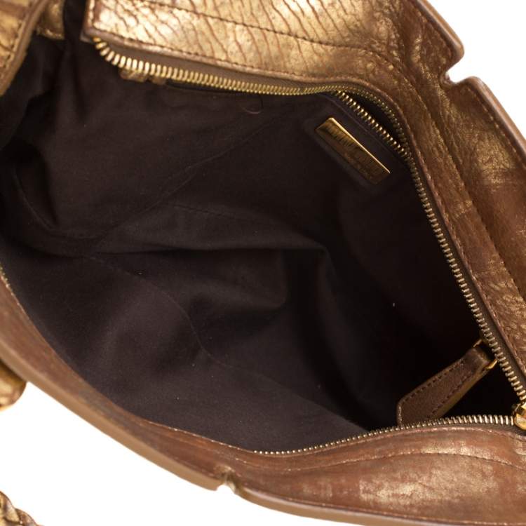 Pre Owned Miu Miu Gold Metallic Distressed Leather Shoulder Bag