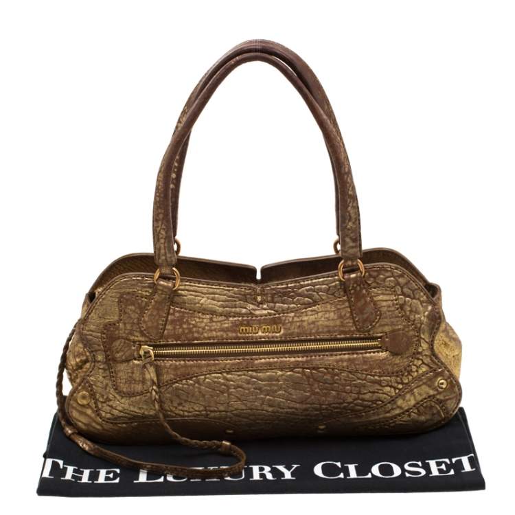 Pre Owned Miu Miu Gold Metallic Distressed Leather Shoulder Bag