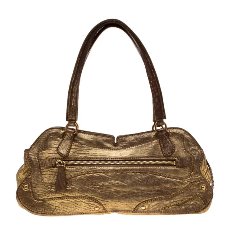 Pre Owned Miu Miu Gold Metallic Distressed Leather Shoulder Bag