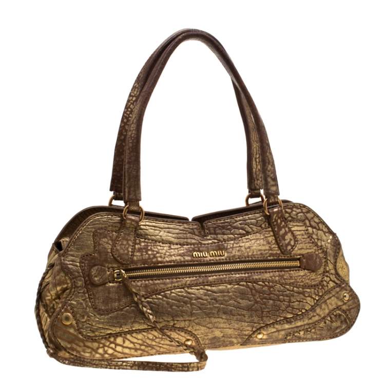 Pre Owned Miu Miu Gold Metallic Distressed Leather Shoulder Bag