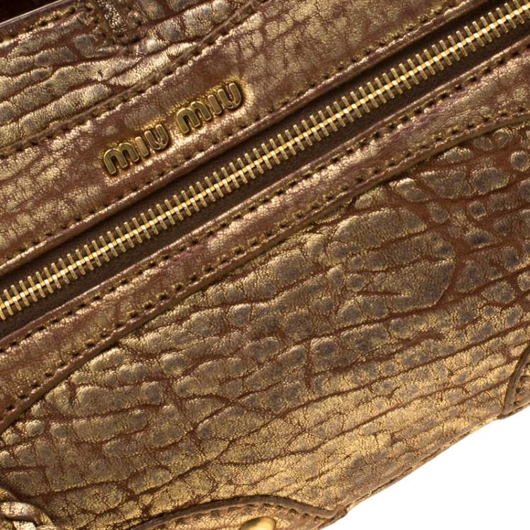 Pre Owned Miu Miu Gold Metallic Distressed Leather Shoulder Bag