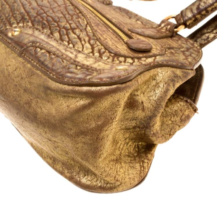 Pre Owned Miu Miu Gold Metallic Distressed Leather Shoulder Bag