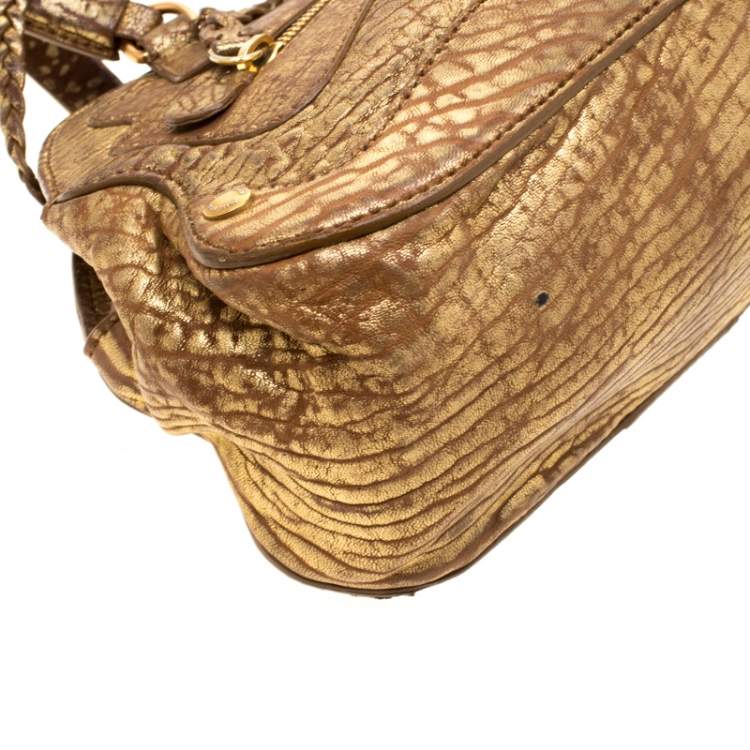 Pre Owned Miu Miu Gold Metallic Distressed Leather Shoulder Bag