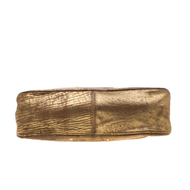 Pre Owned Miu Miu Gold Metallic Distressed Leather Shoulder Bag
