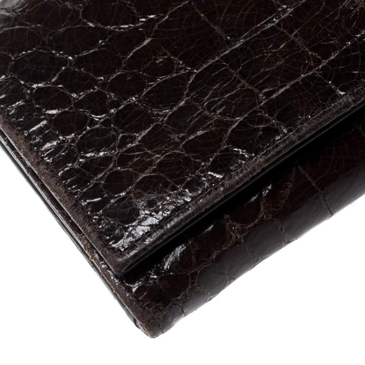 Pre Owned Miu Miu Dark Brown Croc Embossed Patent Leather Continental Wallet