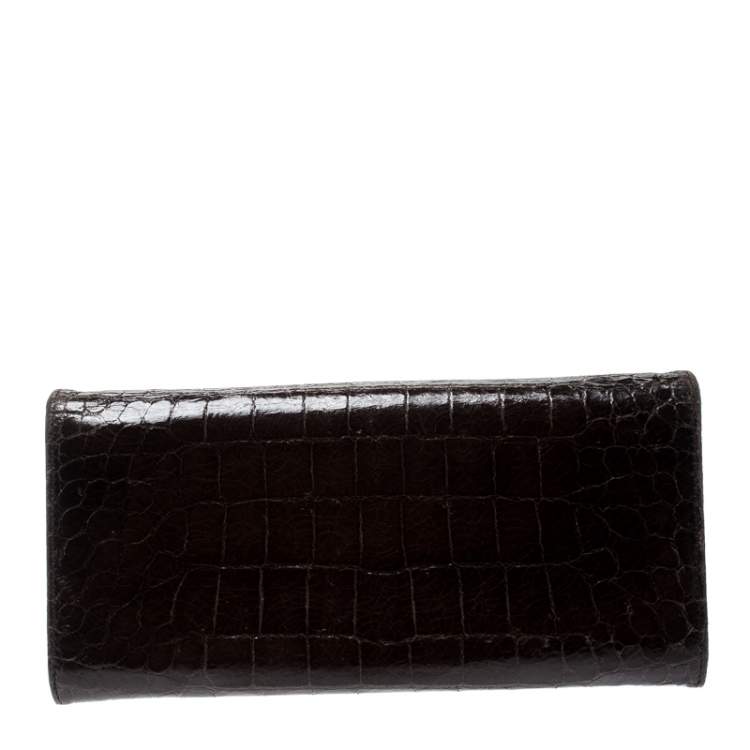 Pre Owned Miu Miu Dark Brown Croc Embossed Patent Leather Continental Wallet