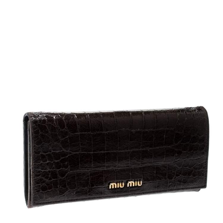 Pre Owned Miu Miu Dark Brown Croc Embossed Patent Leather Continental Wallet