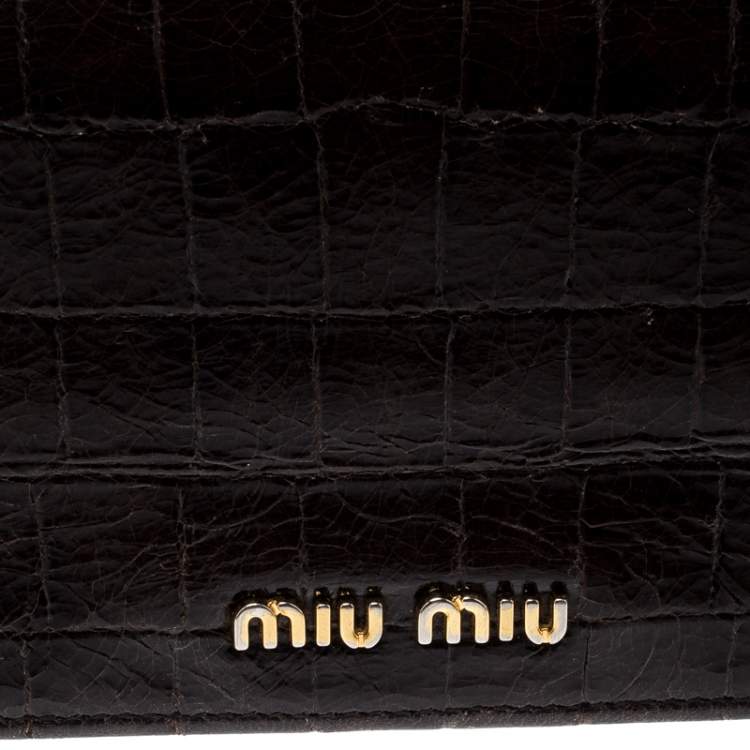 Pre Owned Miu Miu Dark Brown Croc Embossed Patent Leather Continental Wallet