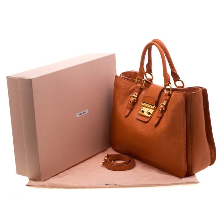 Pre Owned Miu Miu Orange Leather Large Madras Tote 