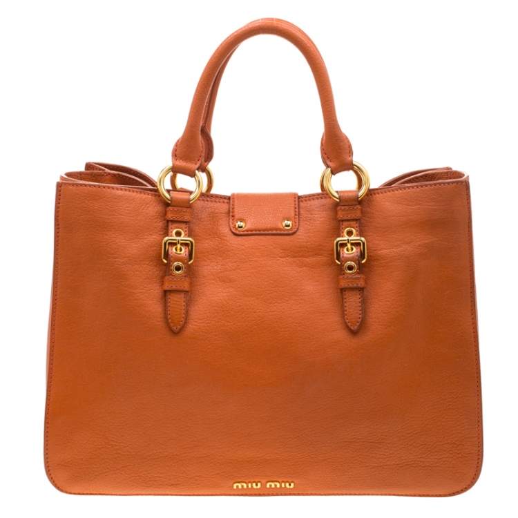 Pre Owned Miu Miu Orange Leather Large Madras Tote 