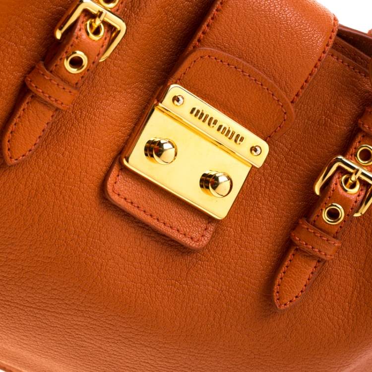 Pre Owned Miu Miu Orange Leather Large Madras Tote 