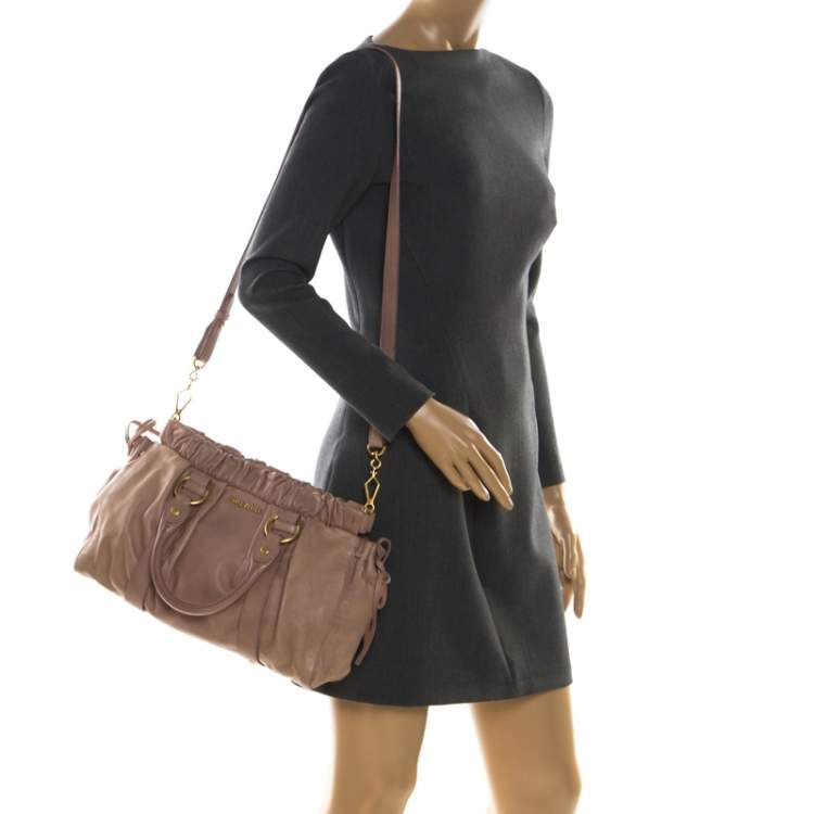 Pre Owned Miu Miu Beige Leather Gathered Tote 