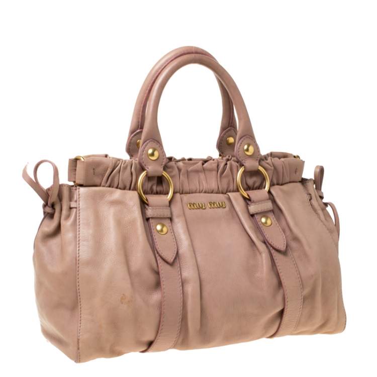 Pre Owned Miu Miu Beige Leather Gathered Tote 