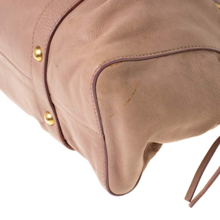 Pre Owned Miu Miu Beige Leather Gathered Tote 