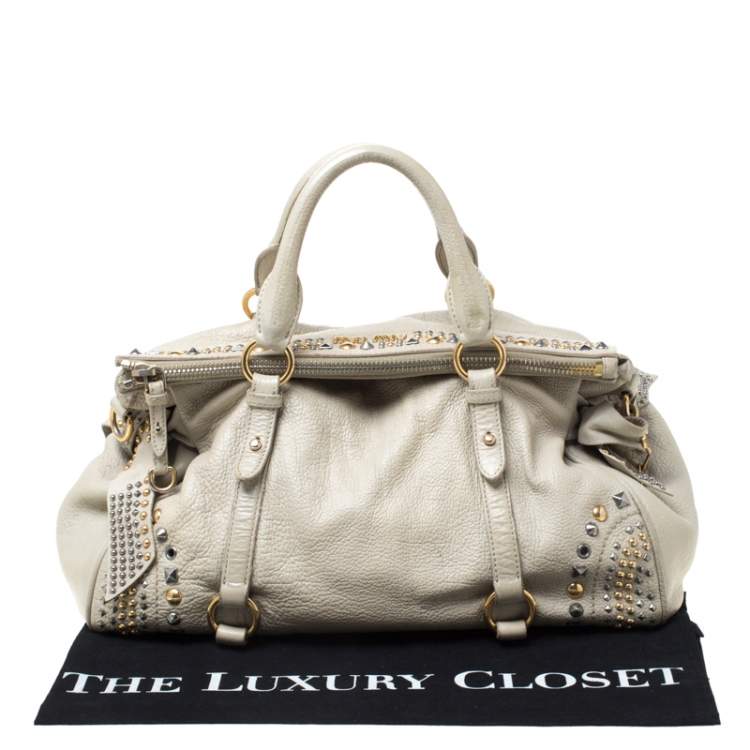 Pre Owned Miu Miu Beige Leather Studded Bow Satchel
