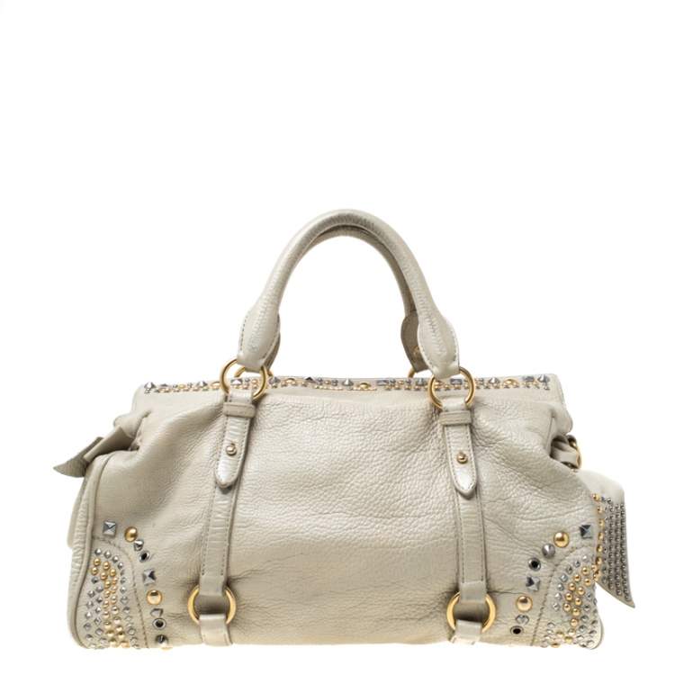 Pre Owned Miu Miu Beige Leather Studded Bow Satchel